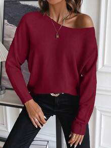 SHEIN LUNE Women's Casual Solid Color Round Neck Batwing Long Sleeve Loose Sweater, Autumn/Winter - Burgundy - View 3