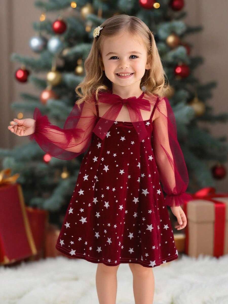 Young Girl Elegant & Cute Patchwork Mesh Long Sleeve Dress - Red - View 1