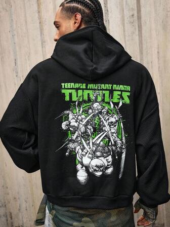TEENAGE MUTANT NINJA TURTLES X ROMWE Sudadera con capucha casual de hombre con estampado de letra y tortuga, otoño