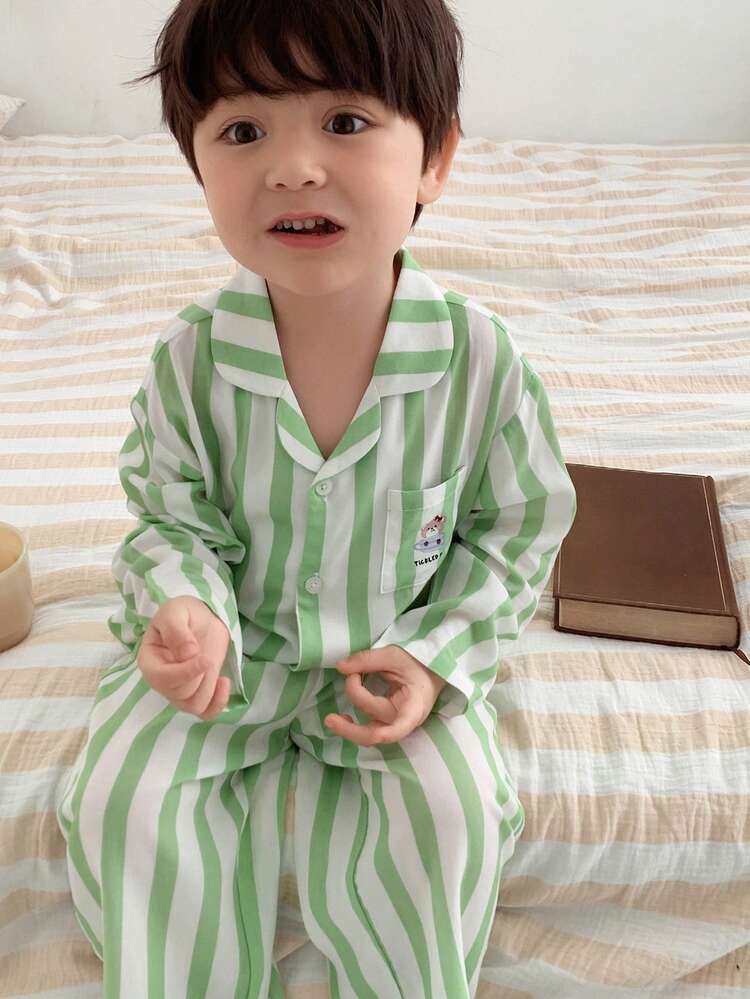 DAZY 2件組男嬰條紋襯衫休閒舒適上衣與條紋休閒長褲睡衣套裝 春季幼兒 - 薄荷綠 - 查看 7