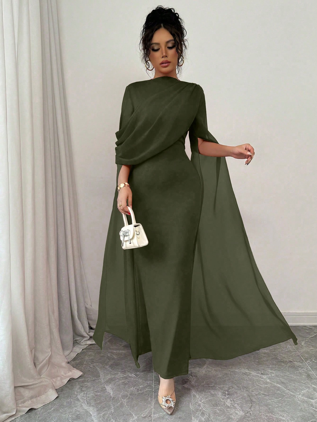 Rafferiza Petite فستان أنيق بخصر مجمع، كتف مائل، ك...