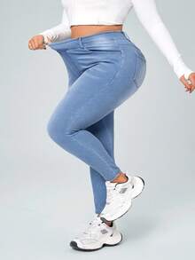 SHEIN CURVE+ Pantalones deportivos casuales de mezclilla tejida de talla grande para mujer - Azul lavado medio - Ver 6