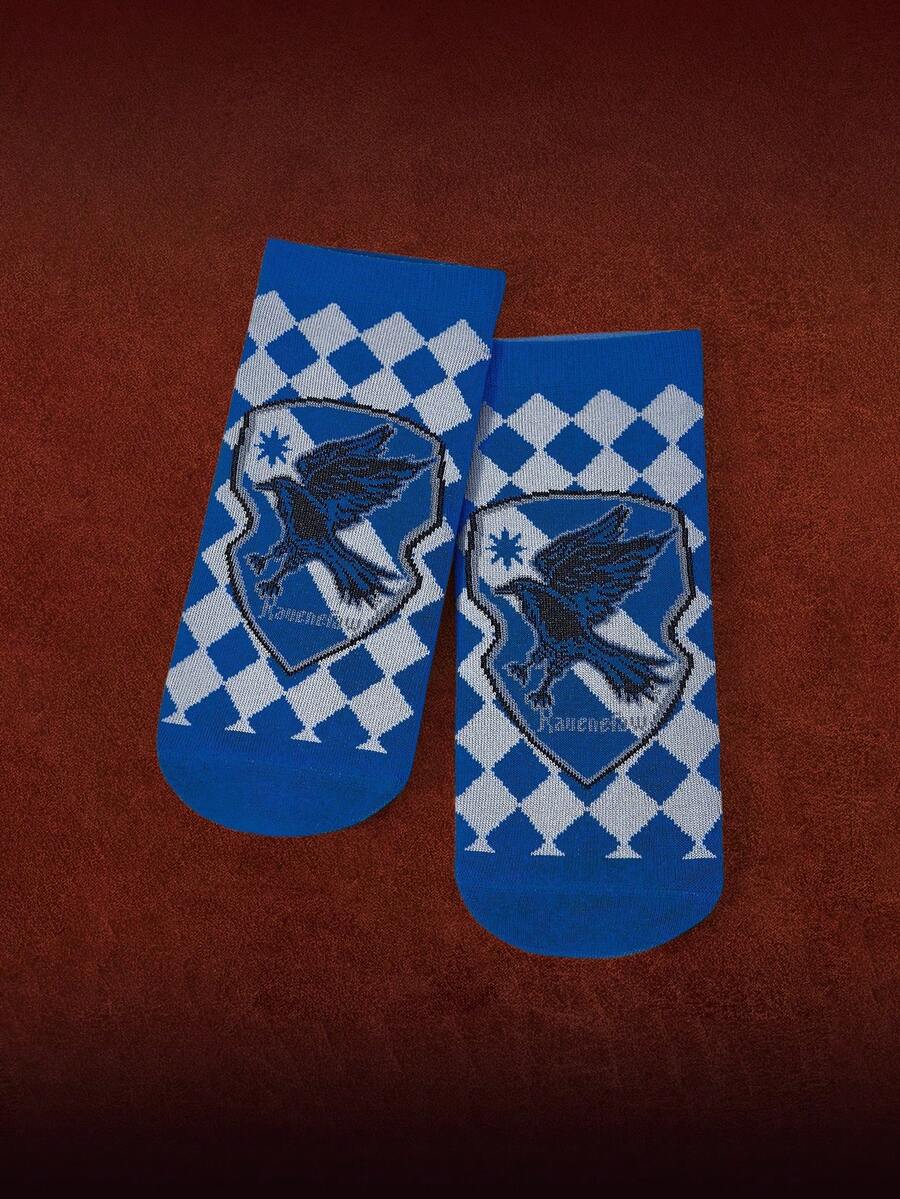 HARRY POTTER X SHEIN 1 Pair Women's Comfortable Plaid Eagle Pattern Ankle Socks - Blue - View 1