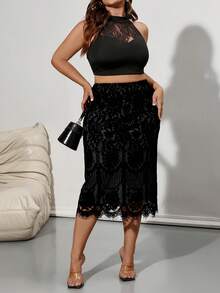 Firerie 大码女式优雅黑色蕾丝撞色 V 领透明蕾丝花卉长裙，适合约会和聚会 - 黑色 - 查看 8