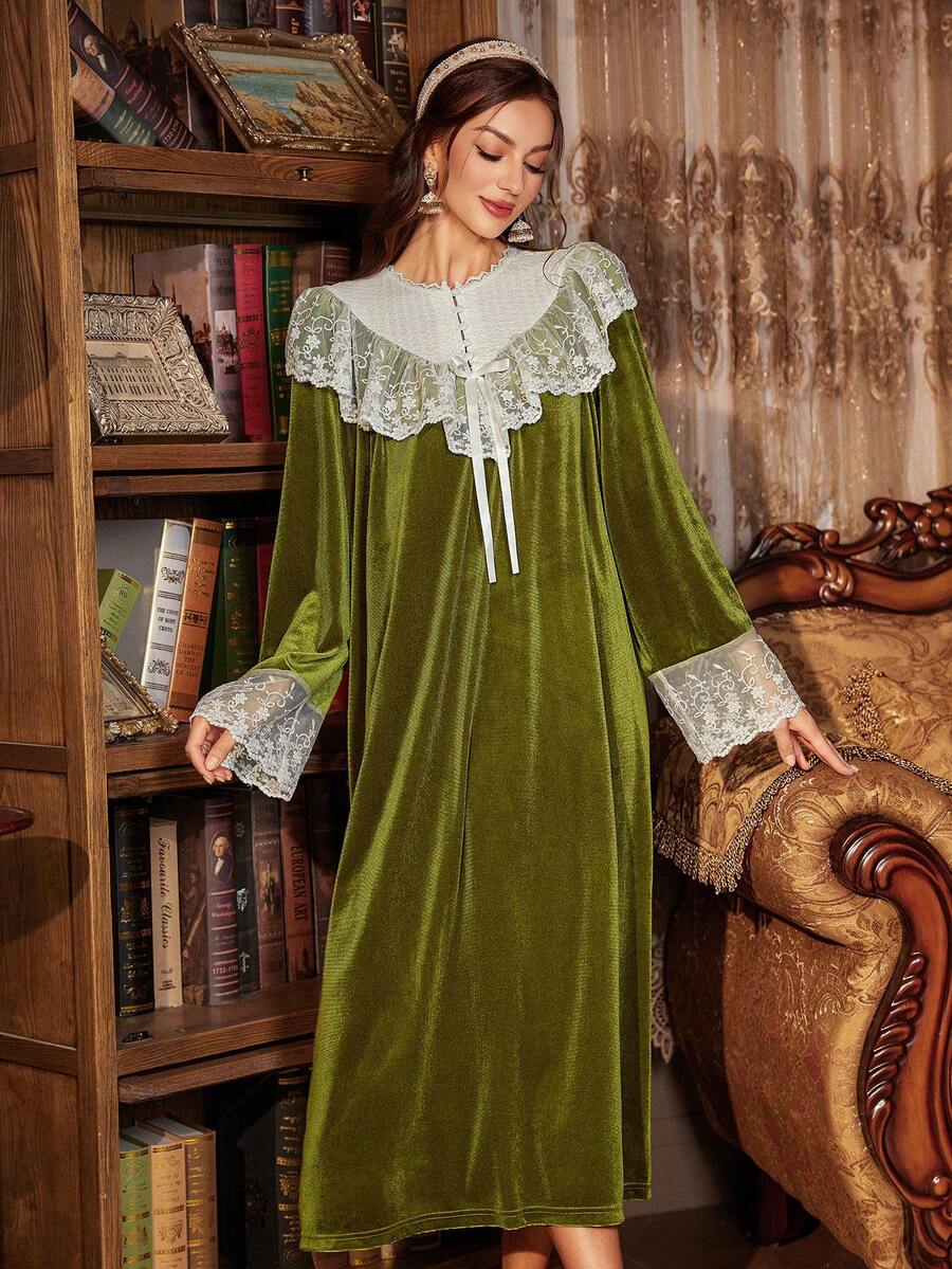 PalaceNights Women's Velvet Luxury Embroidered Floral Lace Trim Loose Long Sleeve Nightgown, Winter, Moo Moo Night Dress - Green - View 1