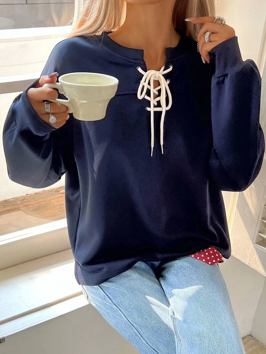 DAZY 撞色抽绳宽松圆领长袖休闲街头风女式卫衣，秋冬款 - 藏蓝色 - 查看 1