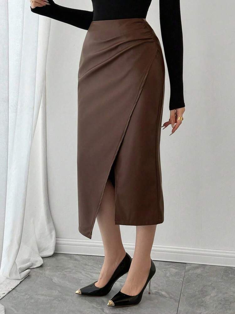 Women's Casual Asymmetric PU Solid Color Skirt Winter Women Skirts