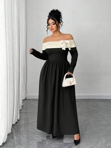 SHEIN Elenzya 大码女式露肩长裙，色块设计搭配蝴蝶结，优雅适合派对和外出 - 彩色 - 查看 6