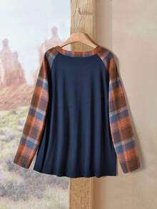 Rusticease Women's Plaid Patchwork V-Neck Long Sleeve Raglan Casual Versatile Blouse Christmas Winter - Multicolor - View 2