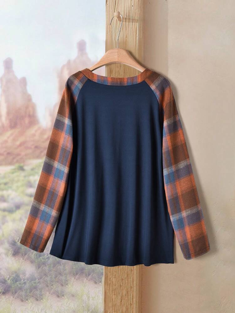 Women's Plaid Patchwork V-Neck Long Sleeve Raglan Casual Versatile Blouse Christmas Winter