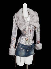 SHEIN ICON Women's Leaf Print Fuzzy Collar Long Sleeve Regular Jacket - Multicolor - View 4