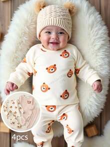 SHEIN Bộ đồ ngủ 4 món cho bé trai, áo len cổ tròn tay dài họa tiết gấu hoạt hình mềm mại và quần dài cạp chun - Nhiều màu - Xem 1