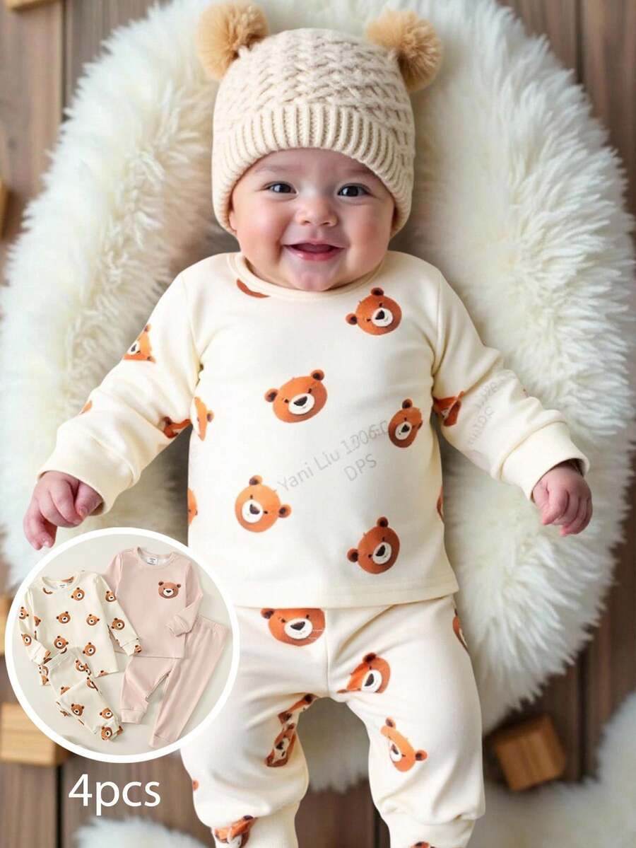 SHEIN Bộ đồ ngủ 4 món cho bé trai, áo len cổ tròn tay dài họa tiết gấu hoạt hình mềm mại và quần dài cạp chun - Nhiều màu - Xem 1
