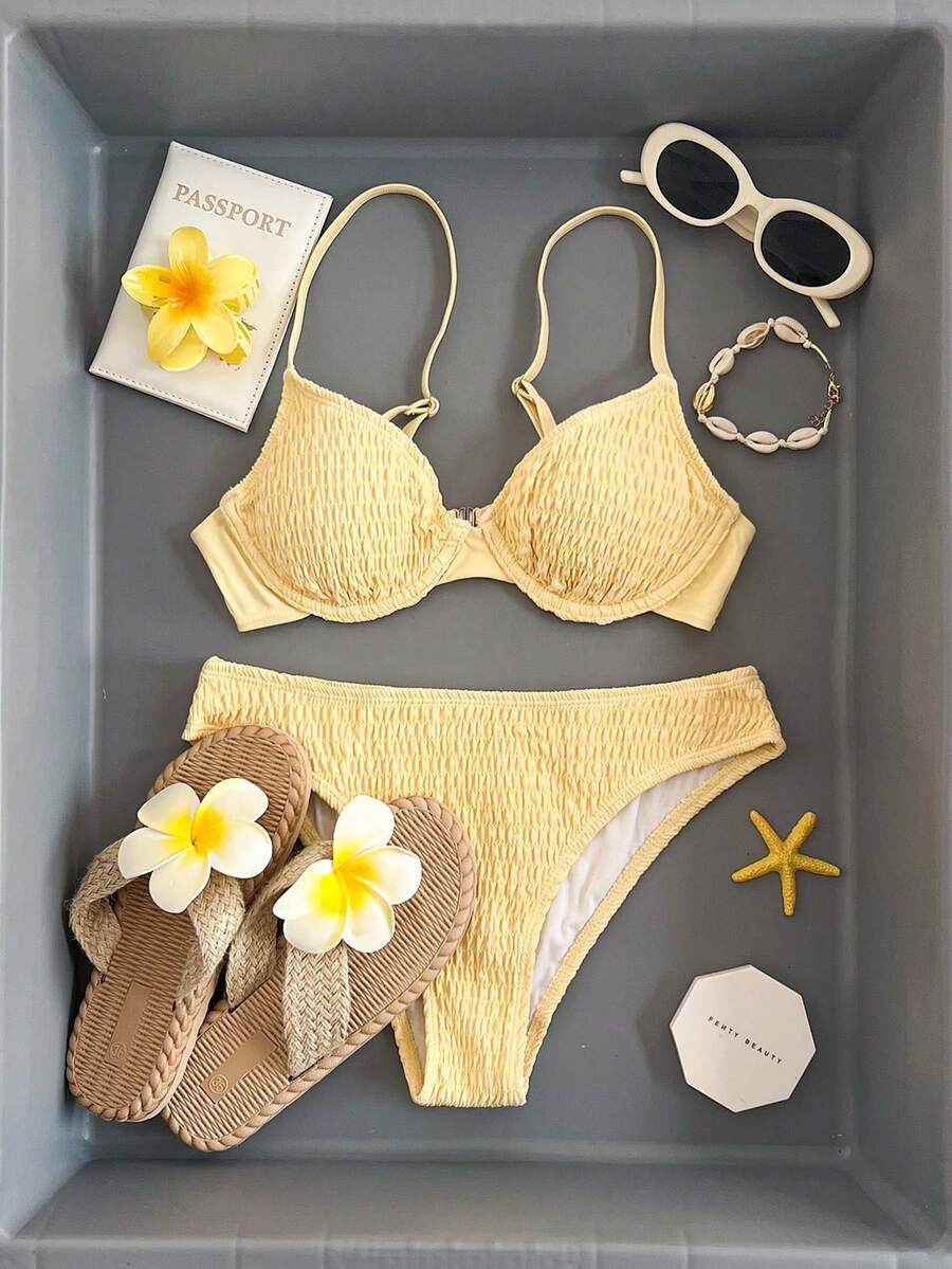 Swim Mod Solid Color Bikini Set With Underwire, Shirred, Soft Cup, Suitable For Beach Vacation For Summer - Yellow - View 1