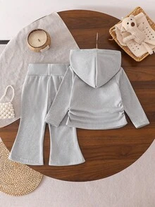 SHEIN 女婴时尚连帽长袖卫衣和喇叭裤套装 - 灰色 - 查看 2