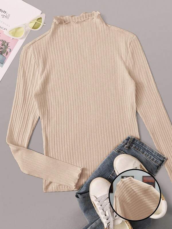 SHEIN EZwear Plus Size Women Khaki Ribbed Lettuce Hem Long Sleeve T-Shirt