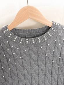 SHEIN Tween Girl 休闲优雅珍珠串珠宽松长袖纹理针织高领毛衣和荷叶边下摆喇叭形中裙套装，麻灰色