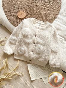 SHEIN Vintaside Kids Vintaside Young Girl/少女极简韩版杏色玫红色加厚仿皮草外套，适合日常穿搭出门拍照，秋冬 - 米色 - 查看 4
