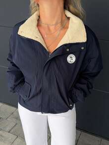 Jeta Ari معطف نسائي بياقة مزيفة مطبوع، بسحاب إغلاق، أكمام طويلة، قصة فضفاضة، مبطن بالفليس، ملابس نسائية للخريف - أزرق بحري - مشاهدة 3