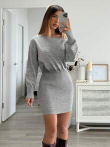 Aloruh Sexy Asymmetric Neck Oblique Collar Knit Sweater Dress, Comfortable & Elegant, Suitable For Dating, Casual, Travel In Autumn/Winter - Grey - View 1