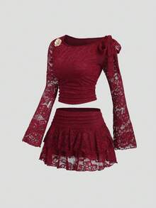 Sweetra Set de 2 piese: Fustă midi elegantă, versatilă, din dantelă și decor metalic, Y2K, roșie de Crăciun, toamnă - Burgundia - Vizualizare 7