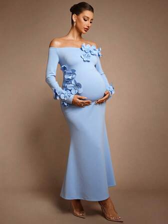MaterniChic 优雅露肩花卉装饰孕妇派对连衣裙