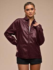 SHEIN BAE Women's Fashion Solid Color Drop Shoulder Long Sleeve Zip-Up Jacket - Burgundy - View 6