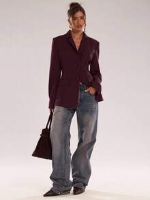 SHEIN BAE Women's Solid Color Front Button Fitted Long Sleeve Blazer - Red Violet - View 4