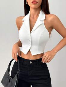 SHEIN PETITE Áo nữ dáng ôm, không tay, cài cúc phía trước, kiểu dáng đơn giản, thích hợp mặc hàng ngày. - trắng - Xem 5
