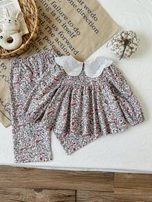 SHEIN Baby Girl 6Months-3year 2pcs/Set Fall Outfits For Girl Casual Daily Style Loose Suit, Flower-Printing Long Sleeves Button Topt&Flower-Printing Long Simple Basic Pants - Multicolor - View 2