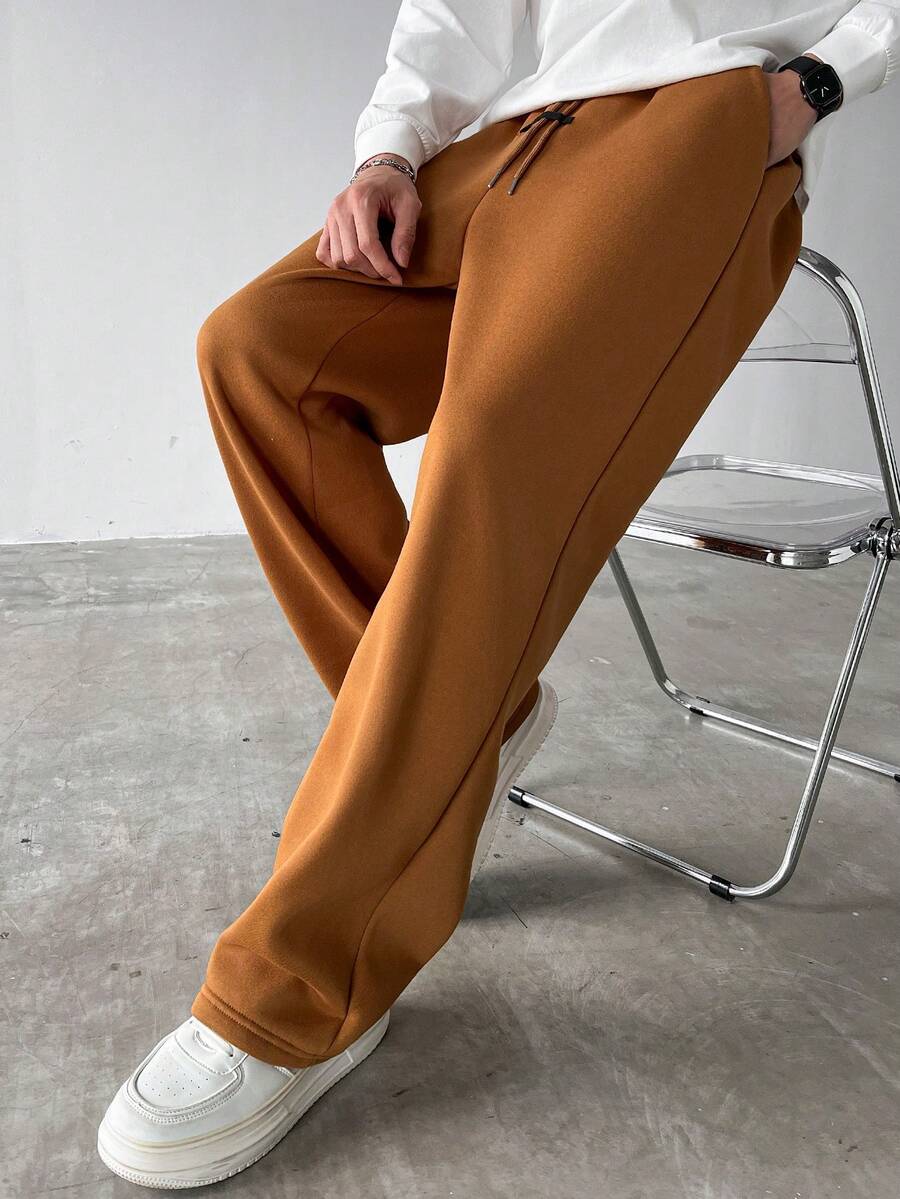Manfinity Homme Men's Solid Color Drawstring Waist Pocket Casual Sweatpants Wide Leg Sweatpants Brown Pants Brown Sweatpants Men Orange Jogging Pants Flare Sweat Pants - Rust Brown - View 1