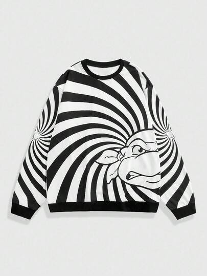 TEENAGE MUTANT NINJA TURTLES X ROMWE Street Life Men's Casual Turtle Print Round Neck Long Sleeve T-Shirt, Autumn