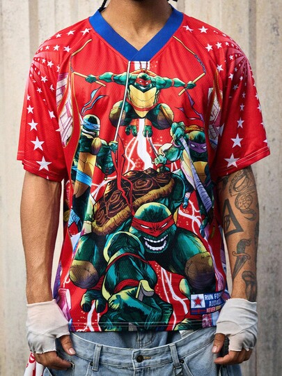 TEENAGE MUTANT NINJA TURTLES X ROMWE Men's Casual Fashion Street Cartoon Turtle & Star Print Contrast V-Neck Raglan Short Sleeve Loose T-Shirt, Summer