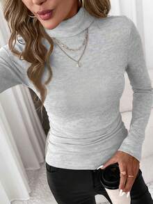 SHEIN Clasi 94% Cotone Maglia Grigio Chiaro Manica Lunga Slim-Fit Dolcevita Casual da Donna, Elegante e Classico. Perfettamente Adatto per Autunno e Inverno, Versatile e Facile da Abbinare. Ideale per Outfit Casual Autunnali, Un Regalo di Natale Pensato, Perfetto per Mamma. - Multicolore - Visualizzare 4