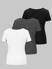 Plus Size Solid Color Casual T-Shirt With Button Decor, Minimalist Design