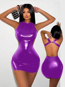 Zolique 女式纯色仿皮镂空后背圆领无袖修身迷你连衣裙 PU 皮革女装