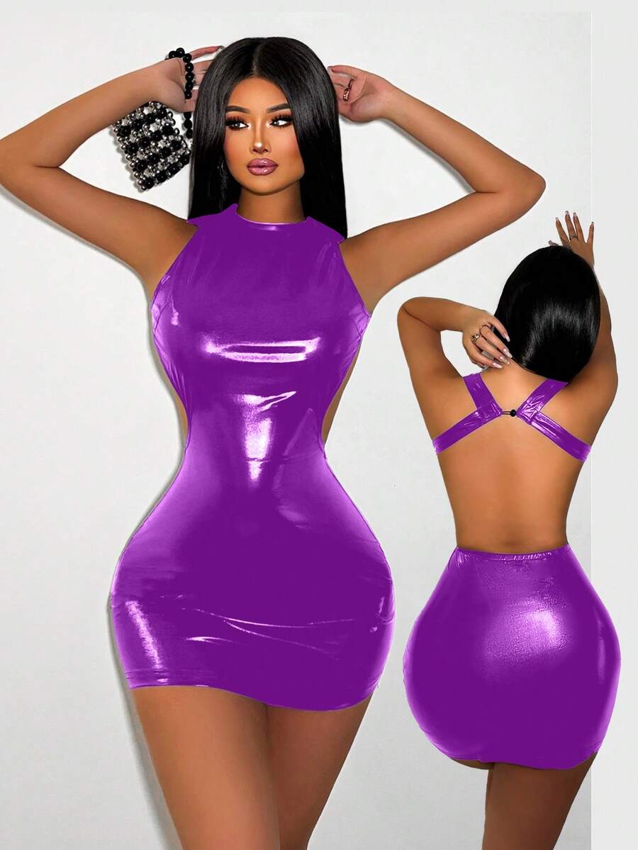 Zolique 女式纯色仿皮镂空后背圆领无袖修身迷你连衣裙 PU 皮革女装