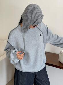 Dazy Plus Plus Size Star Print Loose Fit Thermal Lined Crew Neck Sweatshirt For Women, Streetwear Style, Autumn/Winter School - Grey - View 7