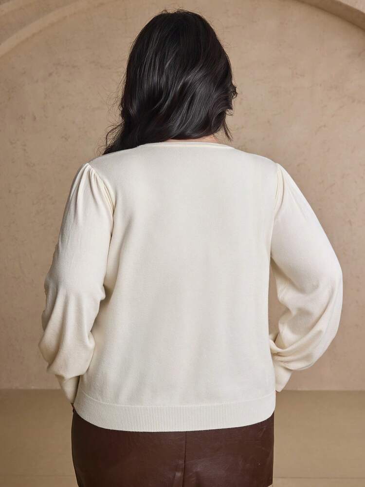 Dazy Plus Plus Size Women Elegant Lantern Sleeve Contrast Lace Crew Neck Sweater, Autumn/Winter