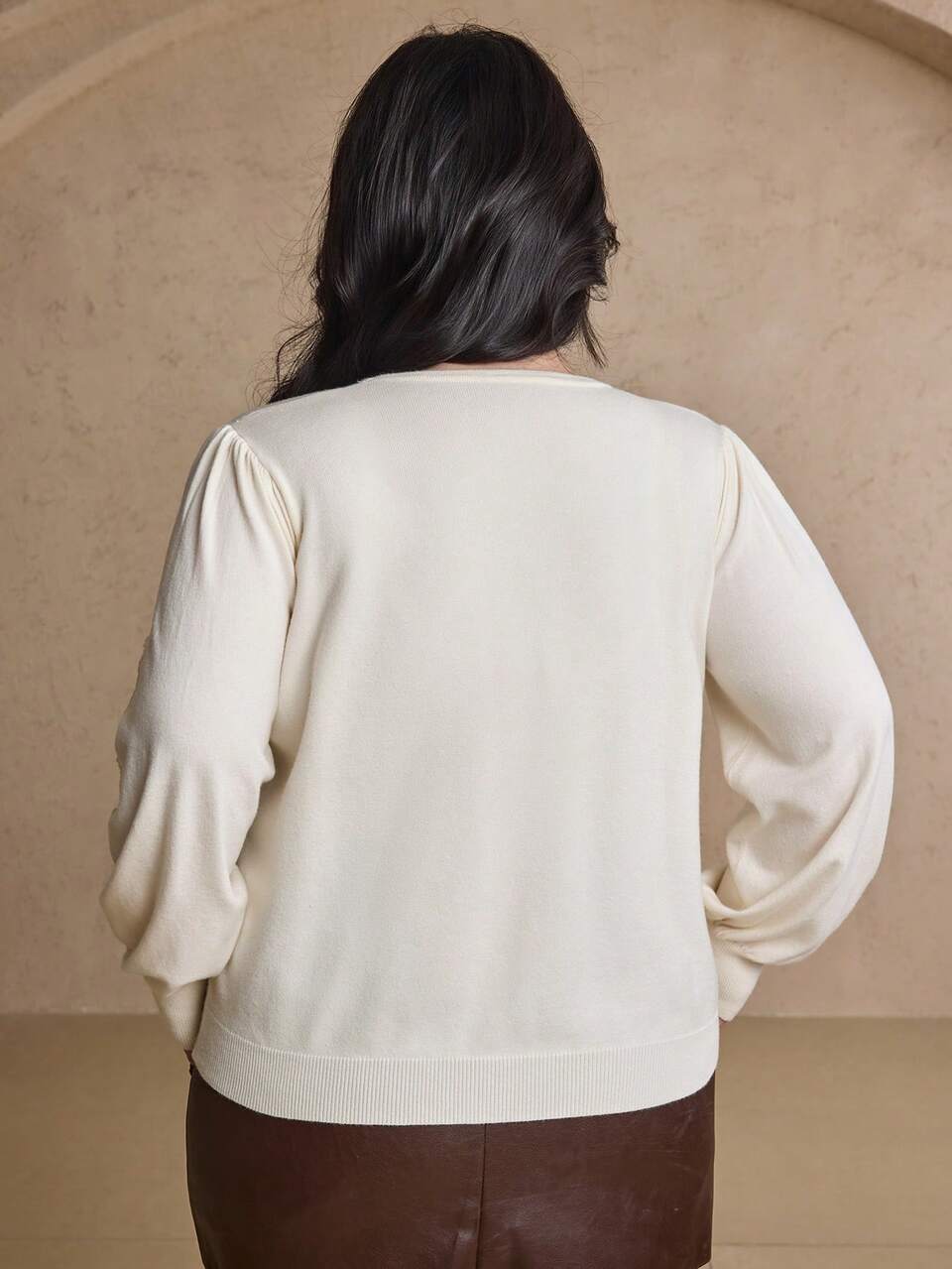 Dazy Plus Plus Size Women Elegant Lantern Sleeve Contrast Lace Crew Neck Sweater, Autumn/Winter