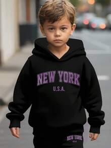 2 件套美国纽约年轻男孩宽松休闲简约连帽运动衫，适合秋冬季 - 黑色 - 查看 2