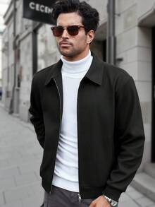 Manfinity CasualCool Men's Casual Solid Color Long Sleeve Jacket, Versatile For Autumn/Winter Men Jacket Men Zip Up Black Jacket - Black - View 4