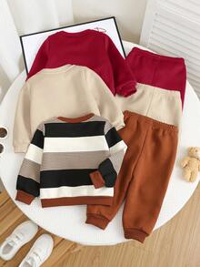 SHEIN Bộ 6 món/Bộ đồ thể thao cho bé trai/bé gái thường ngày dễ thương hình gấu & sọc kaki, quần nỉ và áo nỉ, quần áo trẻ em unisex, quần áo mùa đông cho bé - Màu Đỏ Sâu - Xem 2