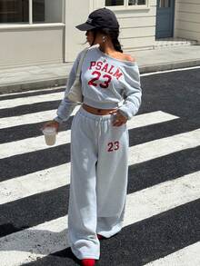 SHEIN Explorewe 少女休闲字母印花卫衣和运动裤套装，秋冬 - 淺灰色 - 查看 3