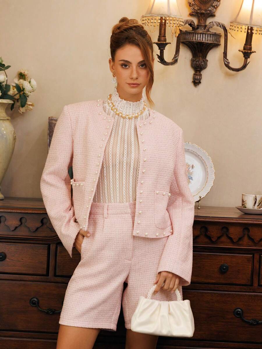 Glamine Charm Light Pink Summer Ellegant Pearl Decor Tweed High-End Jacket And Shorts Set For Women,Fashionable Tea Party Pink Suits Women Suit Set Blazer Suits - Baby Pink - View 1