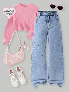 女童休闲做旧刺绣直筒牛仔裤 - 淺色水洗藍 - 查看 1