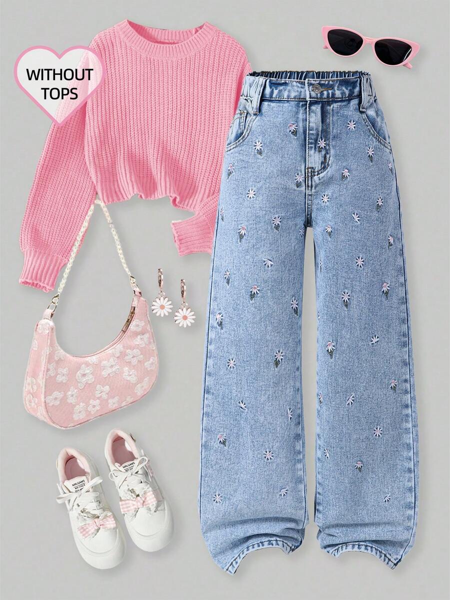 女童休闲做旧刺绣直筒牛仔裤 - 淺色水洗藍 - 查看 1