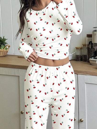 Vintage Sweet Super Schattige Mini Cherry Print, Stylish Lazy Vibe, Bm, Ballerina Dopamine, Teen Girl Round Neck Raglan Sleeve Shirt Plaid Pattern Loose Pajama Pants Pieces Set, Cozy Season, Vibes, s, Easy Com t, Girls, Wear, New Fall view 5