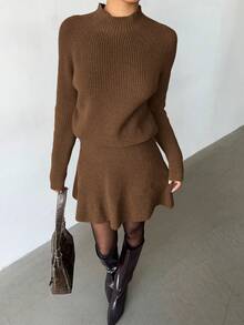 Elenzga 女士宽松休闲圆领纹理上衣和百褶裙两件套 - 巧克力棕 - 查看 4