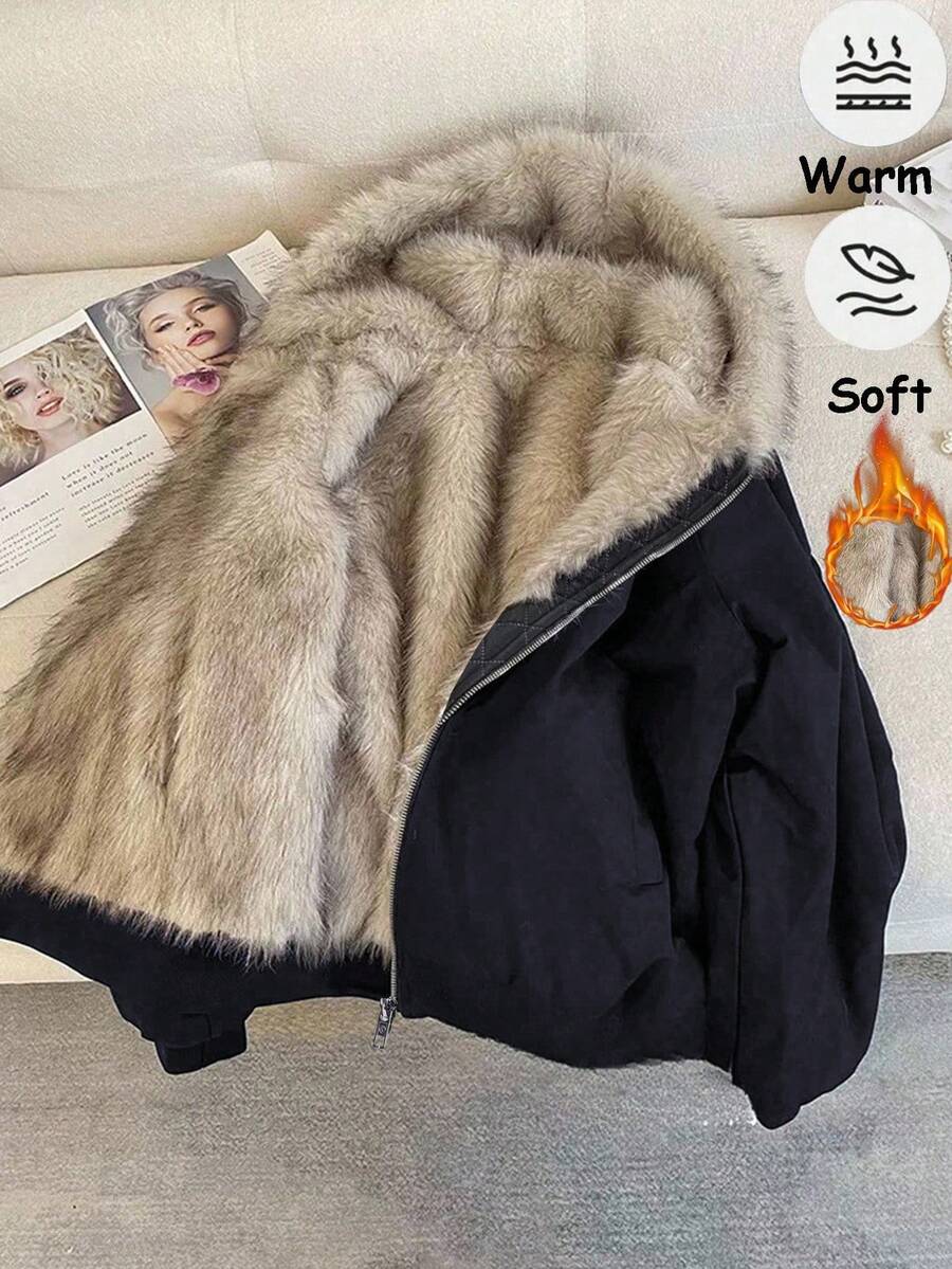 Franclia 时尚优雅休闲连帽蓬松拼布厚棉服，秋冬